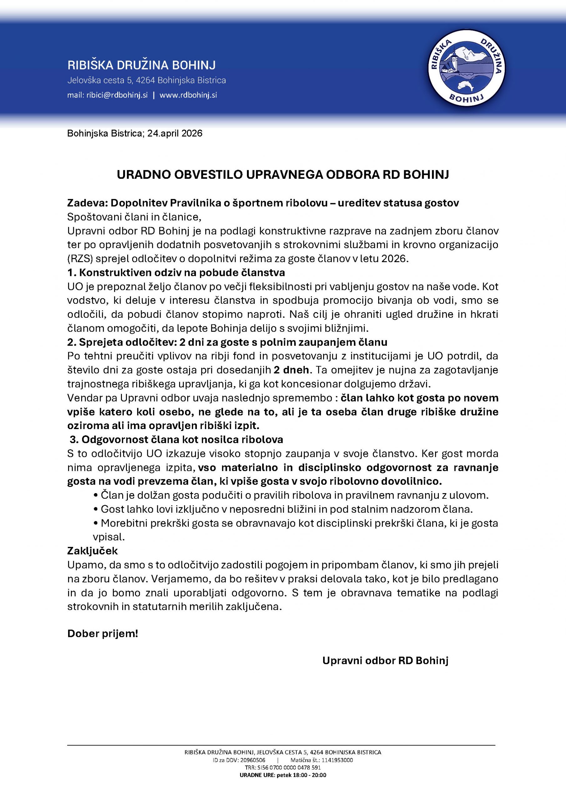 URADNO OBVESTILO UPRAVNEGA ODBORA RD BOHINJ – UREDITEV STATUSA GOSTOV